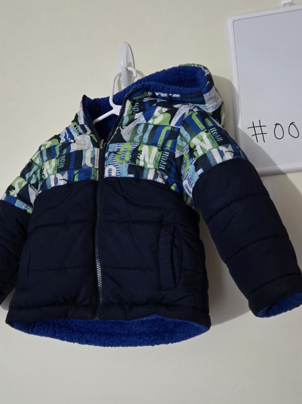 24M/2T Kids Navy Blue & Green Puffer Jacket with Hood #0042